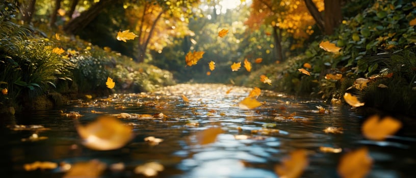 A serene river surrounded by autumn foliage, with leaves gently floating on the water's surface, creating a tranquil atmosphere. photo