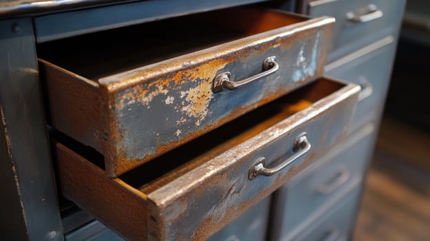 Rustic metal drawers, open photo