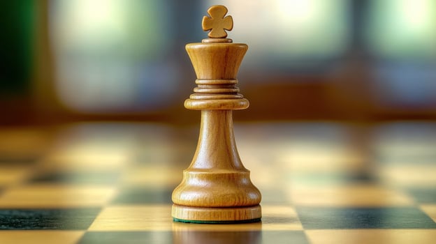 Close-up of a light-colored wooden chess king piece on a chessboard photo