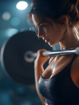 A woman in a sports bra top is lifting a barbell photo