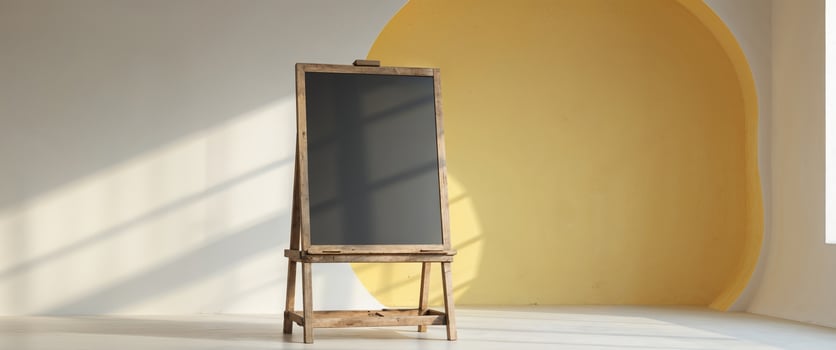 A wooden easel with a chalkboard in front of a yellow wall photo