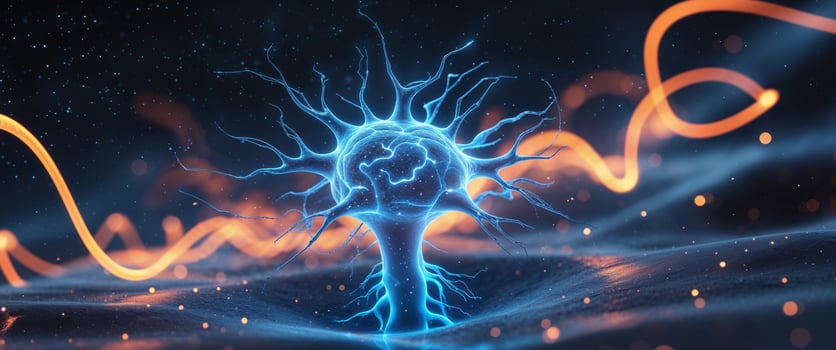 A neuron with glowing blue lines photo