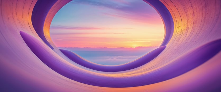 A purple and pink circular shape with the sun setting behind it photo