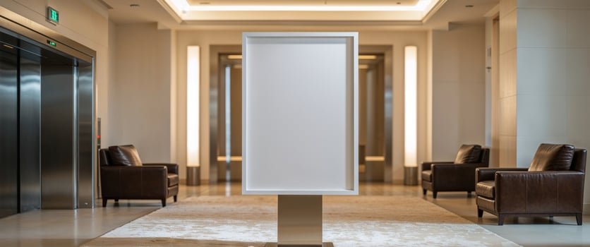 A white sign stands in the middle of a hallway photo