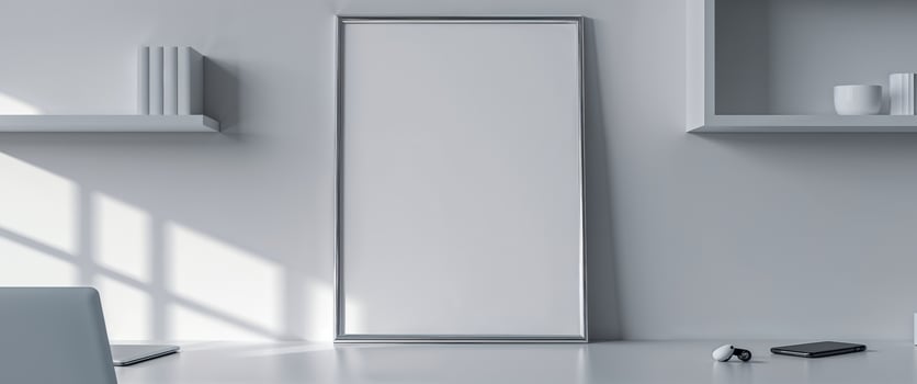 a close up of a blank white poster mockup with frame in a sleek modern techy home office. photo