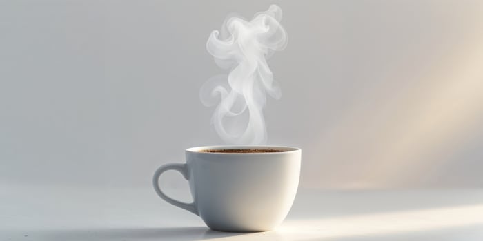 A steaming white ceramic cup filled with hot delicious beverage. photo