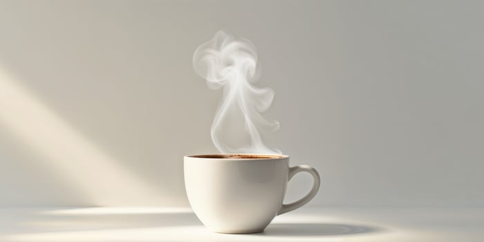 A steaming white ceramic cup filled with hot delicious beverage photo