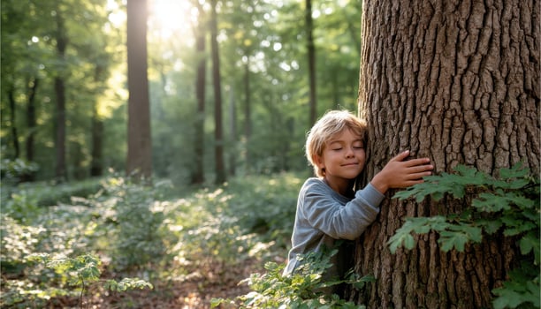 Gommy Child Hugging Sturdy Oak Tree in Sunny Forest Background Copyspace for Nature Lovers photo
