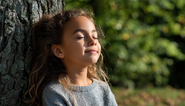 Little Girl Meditating Under a Tree Nature Background Calm Copyspace Tranquil Environment photo