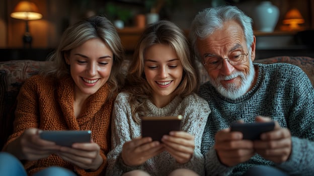 Family members sitting together each using a mobile device online communication concept photo