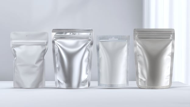 Display of Silver Aluminum Packaging Pouches for Food and Product Mockups photo