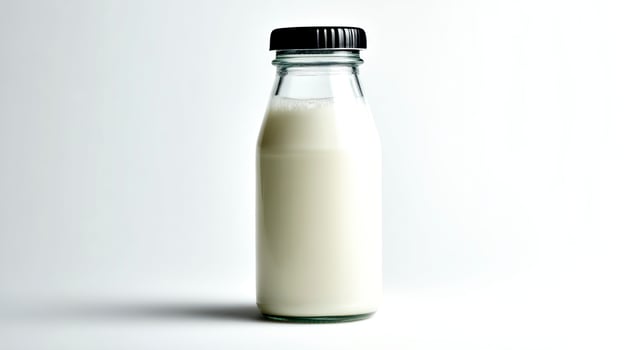 Fresh Milk in Glass Bottle with Black Lid on White Background photo