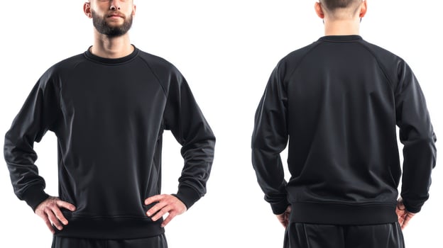 Man Wearing Black Sweatshirt with Front and Back Views on White photo