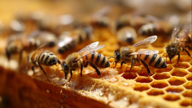 Honeybees Working on Honeycomb Hive Closeup Beekeeping Agriculture Macro Shot photo