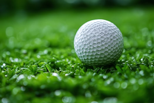 Close-up of a golf ball resting on damp grass, showcasing its dimples and texture, reflecting a sporty atmosphere. photo