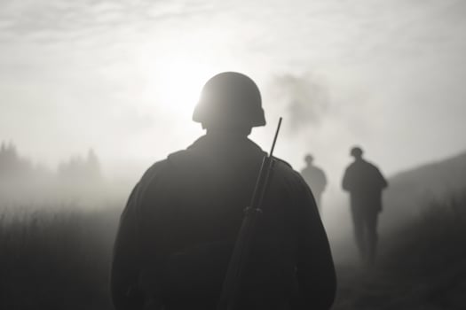 A man in a military uniform is walking through the fog photo