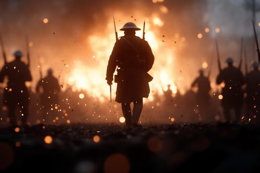 The soldier is walking through the battlefield with his arms out photo