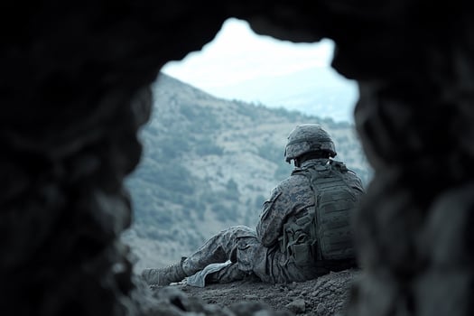 A soldier sitting in a cave photo