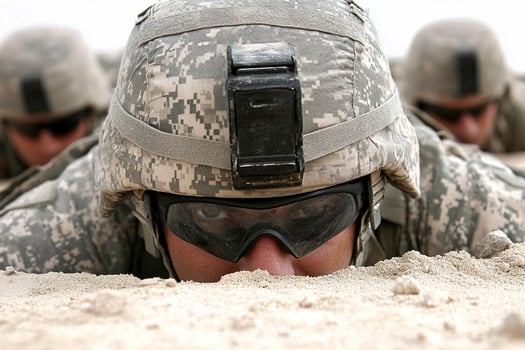 A soldier is laying in the sand photo
