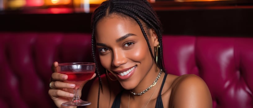 Stylish Woman Smiling with Cocktail Glass in Vibrant Bar Background Copyspace Lifestyle Concept photo