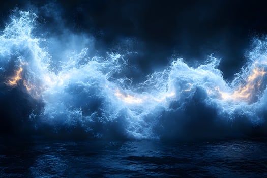 Dynamic Ocean Waves at Night with Fiery Highlights - Nature's Power and Beauty photo