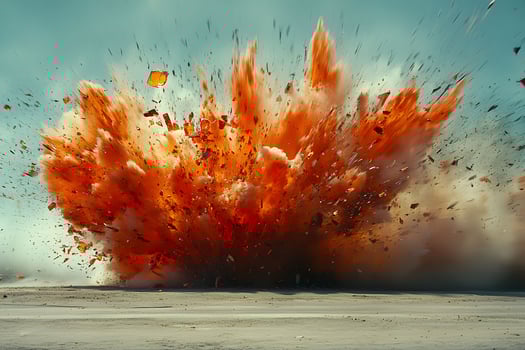 Powerful Explosion Scene with Dynamic Debris and Orange Smoke Plume photo