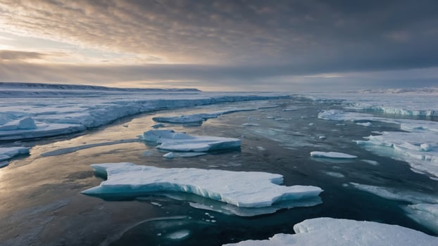 A serene Arctic landscape with floating ice and calm waters under a cloudy sky. photo