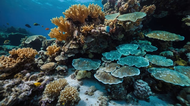 Vibrant coral reef teeming with marine life and diverse aquatic plants. photo