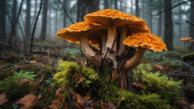 Vibrant orange mushrooms growing amidst a misty forest setting. photo