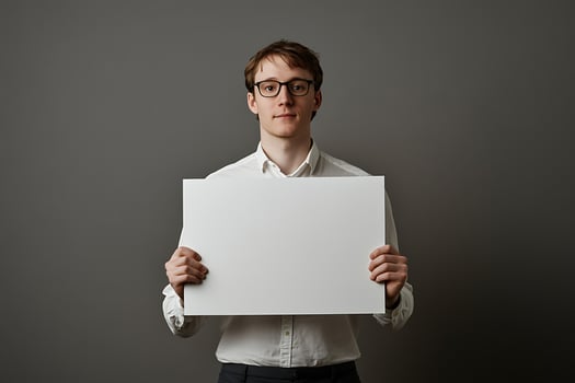 Man with glasses Holding Blank Signboard Against Gray Background photo
