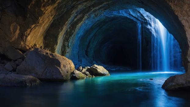 A serene cave with a waterfall and tranquil water reflecting light. photo