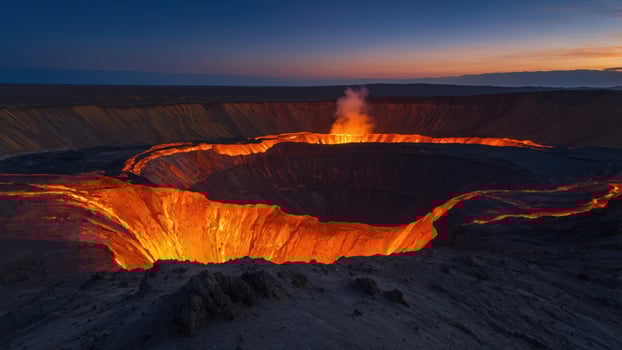 A stunning view of a volcano with lava glowing at dusk, showcasing nature's power. photo
