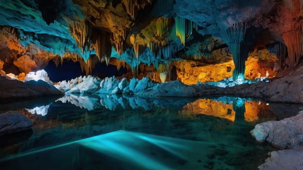 A stunning underground cave with colorful rock formations reflecting in calm water. photo