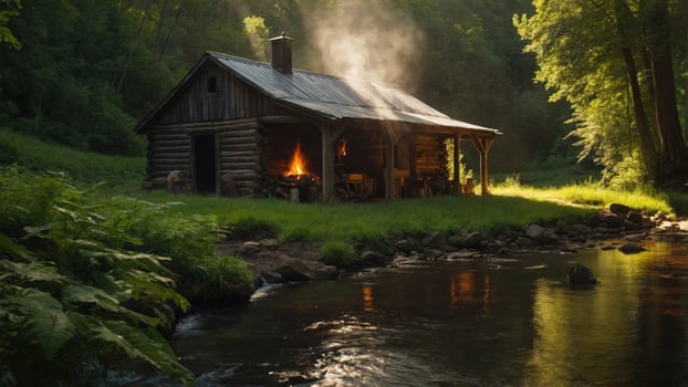 A rustic cabin by a stream, surrounded by lush greenery and smoke rising from the chimney. photo