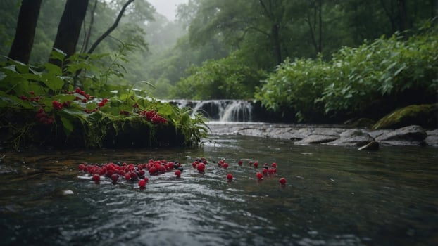 A serene stream surrounded by lush greenery and scattered red berries. photo