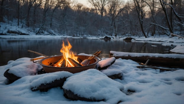 A cozy campfire surrounded by snow-covered ground near a serene river at dusk. photo
