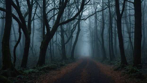 A misty forest path with silhouetted trees, creating a mysterious and eerie atmosphere. photo