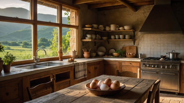 A rustic kitchen with wooden decor, natural light, and a view of the countryside. photo