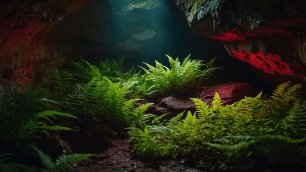 A serene cave interior illuminated by light, showcasing lush ferns and rocky textures. photo