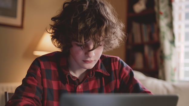 This teenager sits at a desk, concentrating on work on his laptop in a warmly lit room. photo