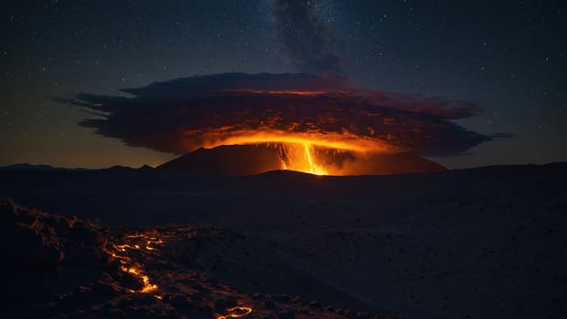 A volcanic eruption at night, illuminated by lava and surrounded by a starry sky. photo