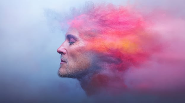 serene profile of person with vibrant, colorful hair blending into misty background photo
