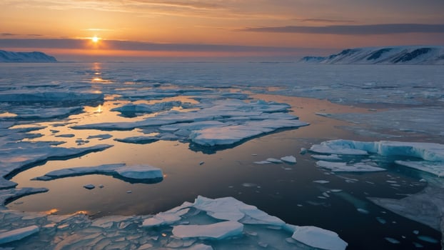 A serene Arctic landscape with ice floes reflecting a colorful sunset over calm waters. photo