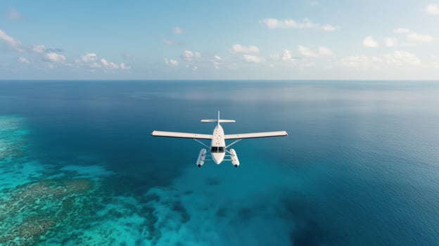 A small plane flying over the ocean with blue water photo