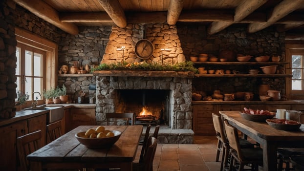 Cozy rustic kitchen with stone fireplace and wooden furniture, ideal for gatherings. photo