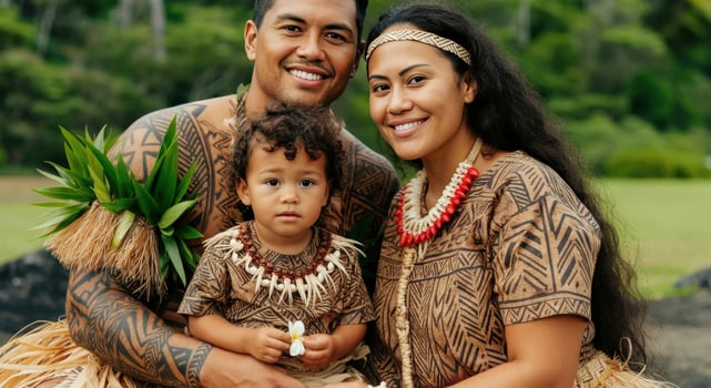 Polynesian family in traditional attire celebrating cultural heritage outdoors photo