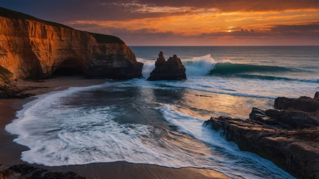 A serene coastal landscape at sunset with waves crashing against rocky formations. photo