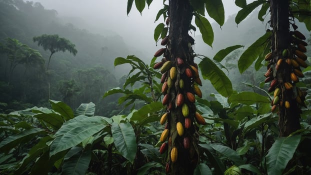 Lush cacao trees with colorful pods in a misty rainforest. photo