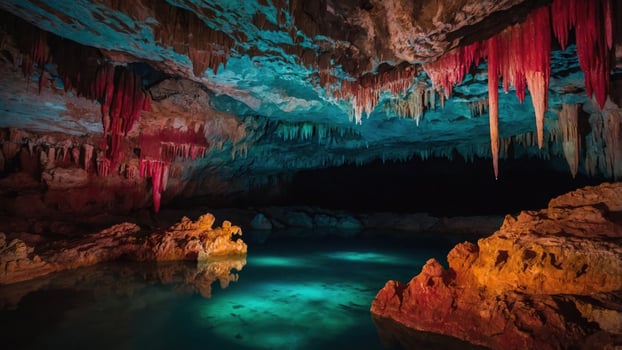 A stunning cave interior with colorful stalactites and a serene water pool. photo