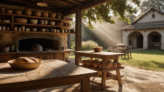 Rustic kitchen with bread, sunlight, and outdoor seating. photo
